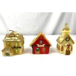 VTG Lot of 3 Russ Berrie Christmas Church Station House Candle 4" 1980s